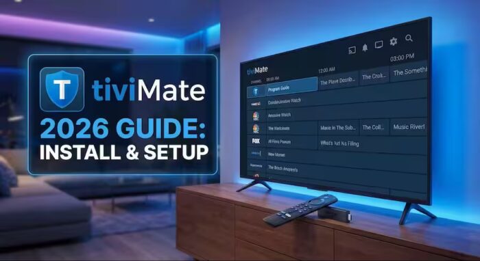 TiviMate IPTV player interface on a smart TV with Firestick remote, 2026 installation and setup guide.