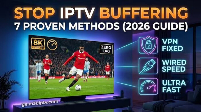 Featured image showing a futuristic Smart TV with text 'STOP IPTV BUFFERING' and neon icons for VPN, Ethernet, and speed gauge, representing '7 Proven Methods (2026 Guide)'