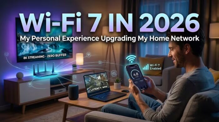 Personal experience of upgrading to Wi-Fi 7 in 2026, showing a high-tech home network with 8K streaming and low latency.