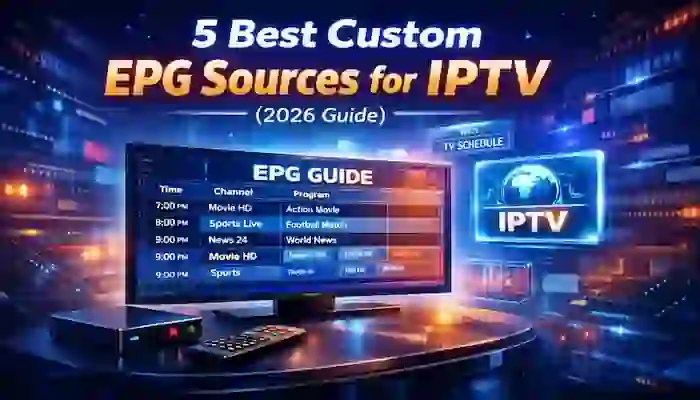A detailed Electronic Program Guide (EPG) grid on a TV screen showing channel logos, program schedules, and descriptions for an IPTV service.
