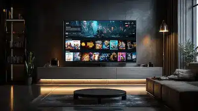 Futuristic IPTV interface on a Smart TV screen.