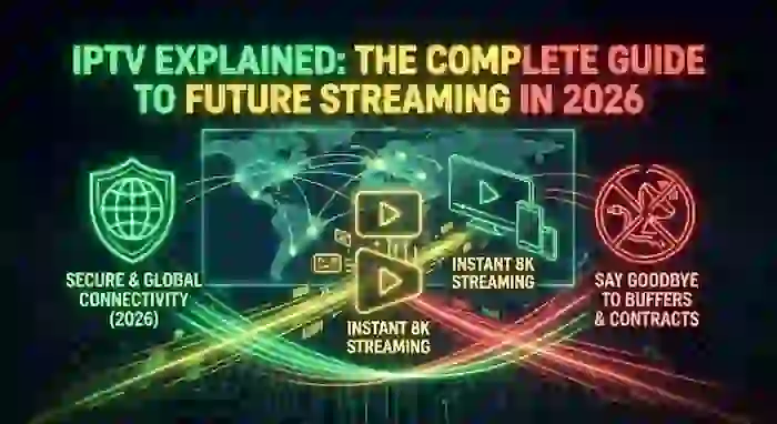 A sleek modern 4K Smart TV in a living room displaying a futuristic IPTV TV streaming interface with live channel grids and movie posters.