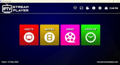 IPTV Stream Player PC interface with channel list and EPG guide.