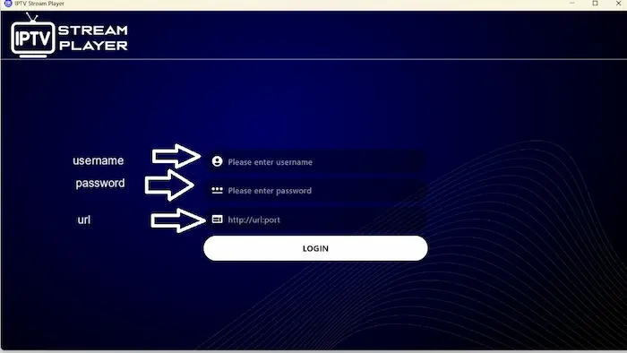 IPTV Stream Player PC login screen showing Xtream Codes API input fields.