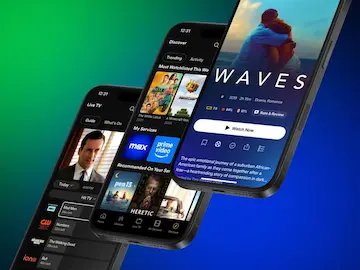 Three modern smartphones displaying various streaming entertainment apps against a vibrant background.