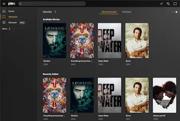 Plex 2026 streaming interface showing a library of free movies and recently added titles on a dark mode dashboard.