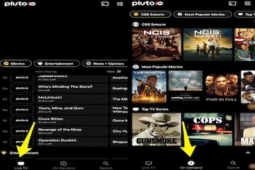 Pluto TV 2026 mobile app interface showing the live TV channel guide and on-demand movie categories like Saving Private Ryan and Terminator.