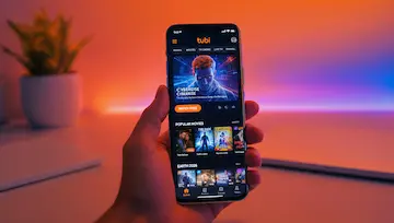 Tubi 2026 smart TV interface showing free movies and popular live channel categories like Action, Comedy, and News against a dark background with subtle warm lighting.
