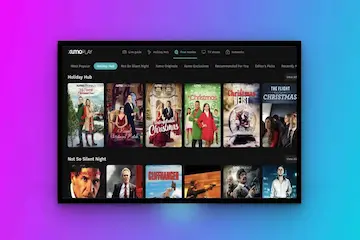 Xumo Play 2026 smart TV interface showing free movie categories like Holiday Hub and Not So Silent Night on a sleek digital screen.