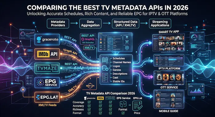 Comparison diagram of top TV Metadata APIs in 2026 showing data flow from Gracenote, IMDb, TVmaze, EPG Service, and EPG.lat to IPTV, OTT, and Smart TV apps.