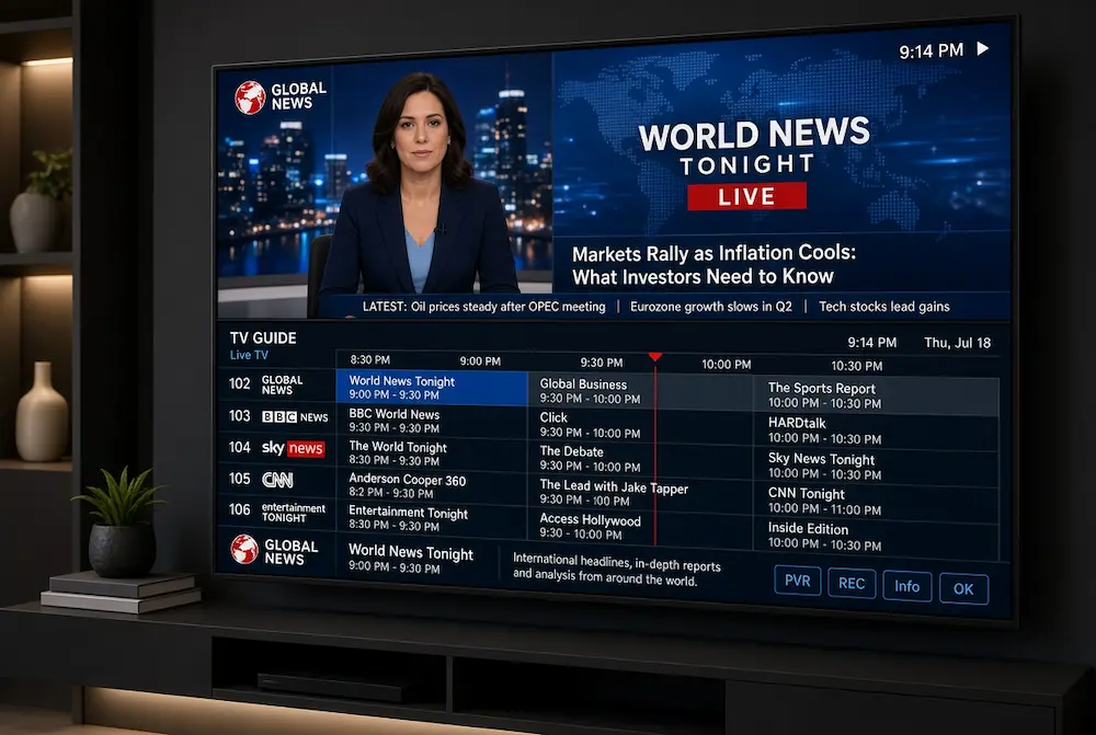 TV screen showing English news channel in the upper section with live anchor and world map, and English EPG TV guide below listing channels and programs
