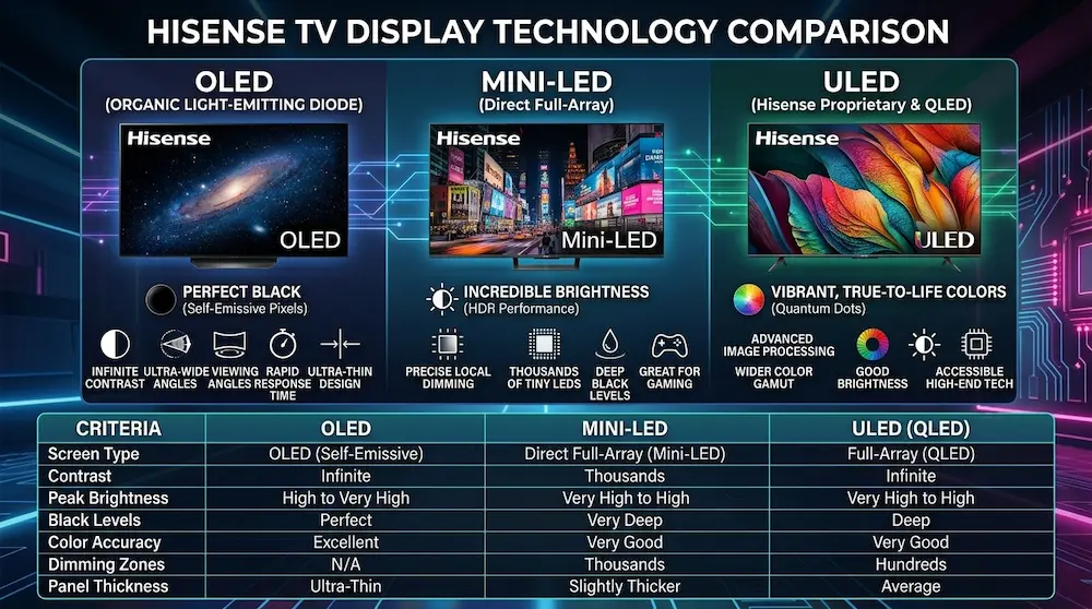 Hisense TV display Model Comparison