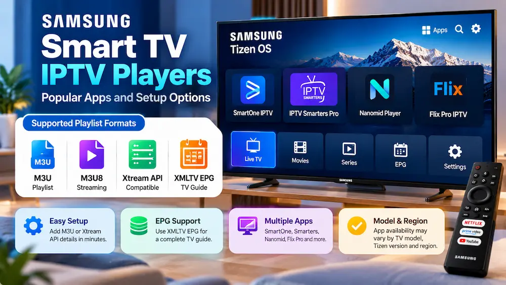 Samsung Smart TV IPTV players with M3U, M3U8, Xtream API and XMLTV EPG support