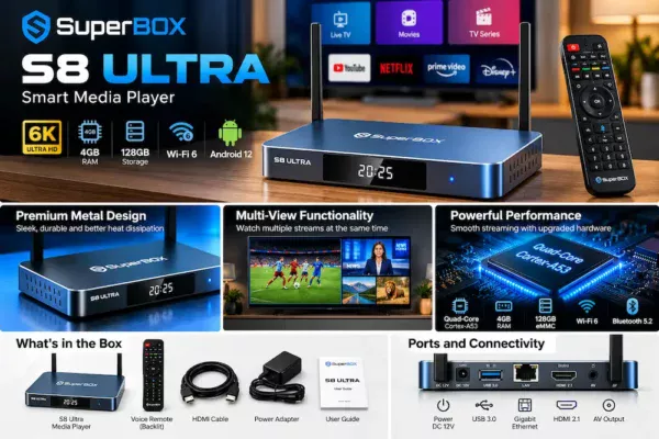 SuperBox S8 Ultra Android streaming box with voice remote, 128GB storage, Wi-Fi 6, and multi-view features