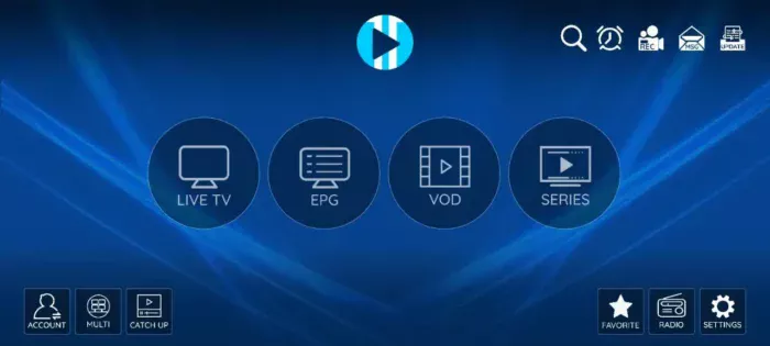 XCIPTV Player on Android showing Live TV EPG VOD and Series