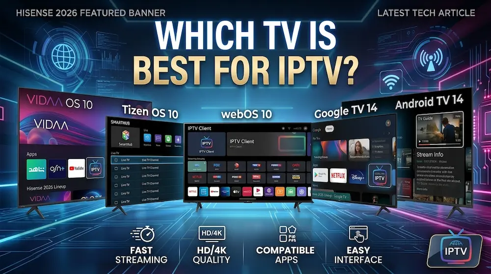 Smart TV displaying IPTV channels with an electronic program guide