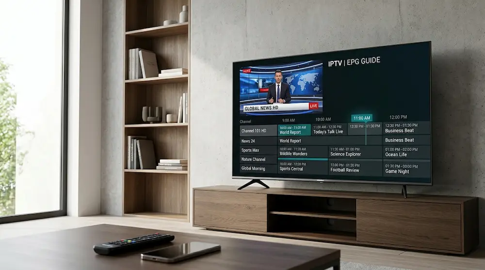 Hisense Smart TV displaying IPTV channels and EPG guide