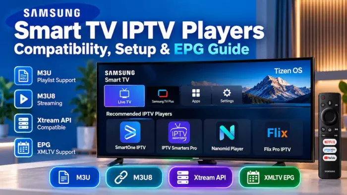Samsung Smart TV IPTV players with M3U, M3U8, Xtream API and XMLTV EPG support