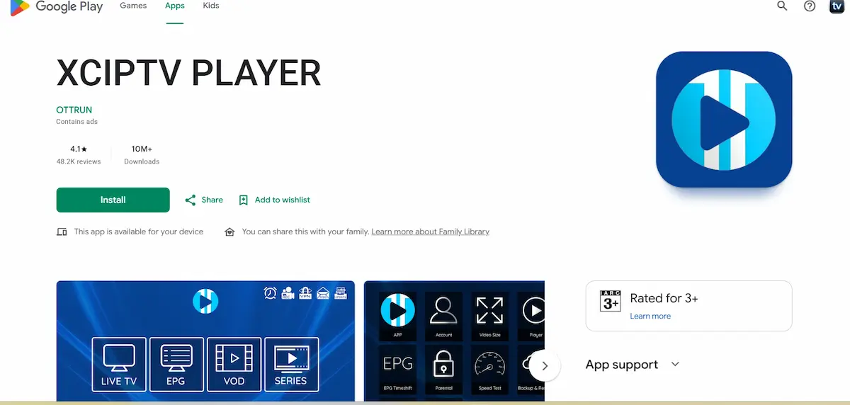 official XCIPTV Player application through Google Play.